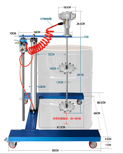 Пневматическая мешалка (пневмомиксер) на подкатной платформе с подъёмником 1/2 л/с